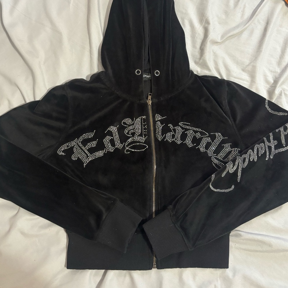 Black Ed Hardy cropped zip up sweater with rinestone details